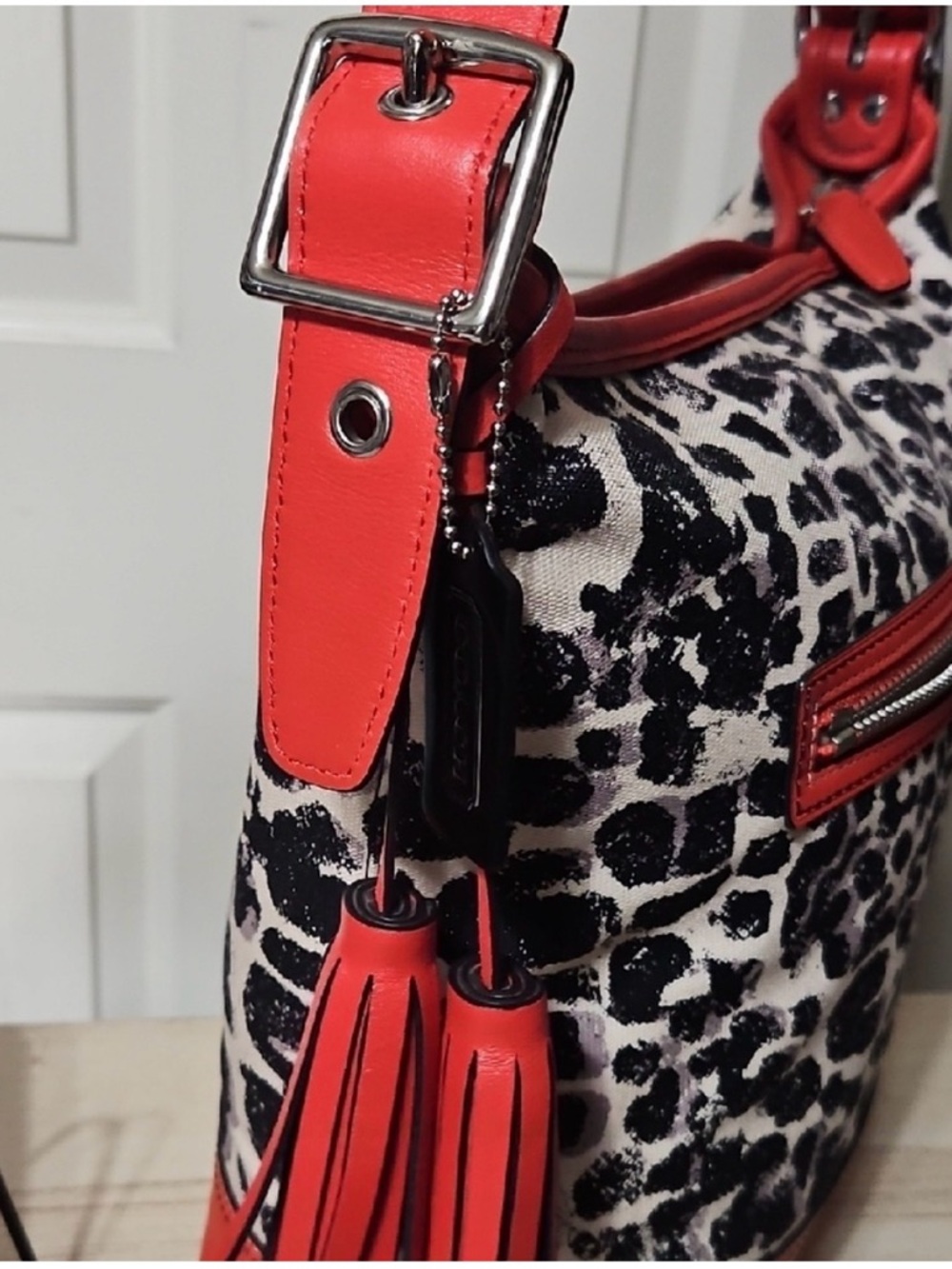 COACH Legacy Ocelot Black/White/Red Cheetah Hobo Shoulder Bag w/ Tassels (NWT) - Picture 7 of 11